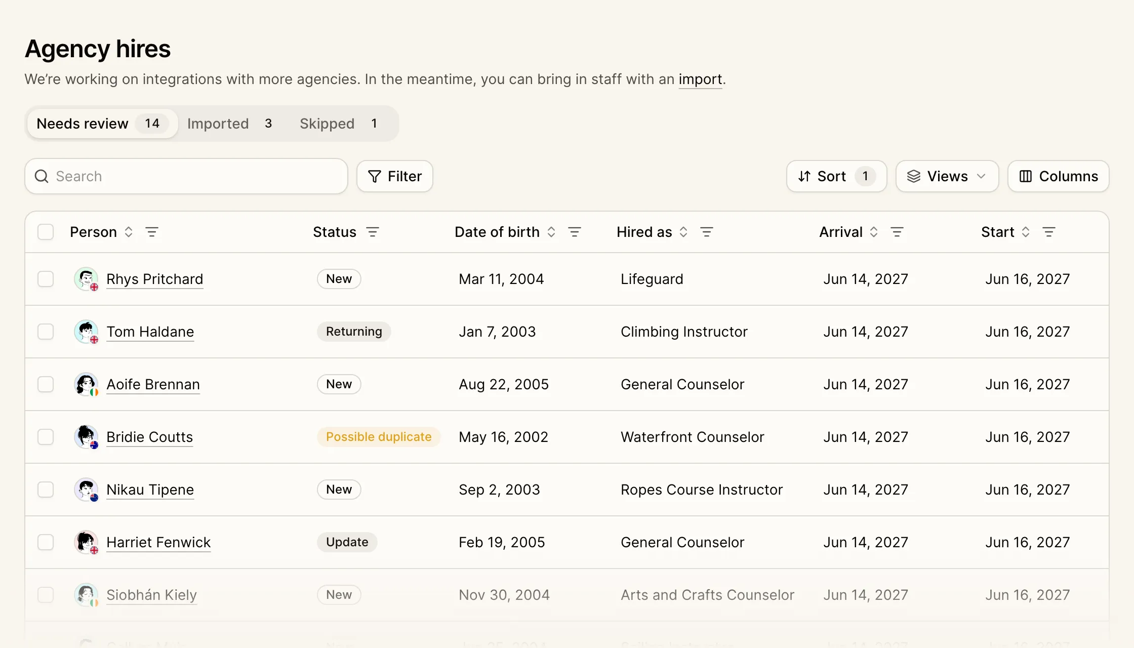 Agency hires on the Needs review tab, listing Camp Leaders hires marked New, Returning, Possible duplicate, or Update, with the job they were hired for and their dates.