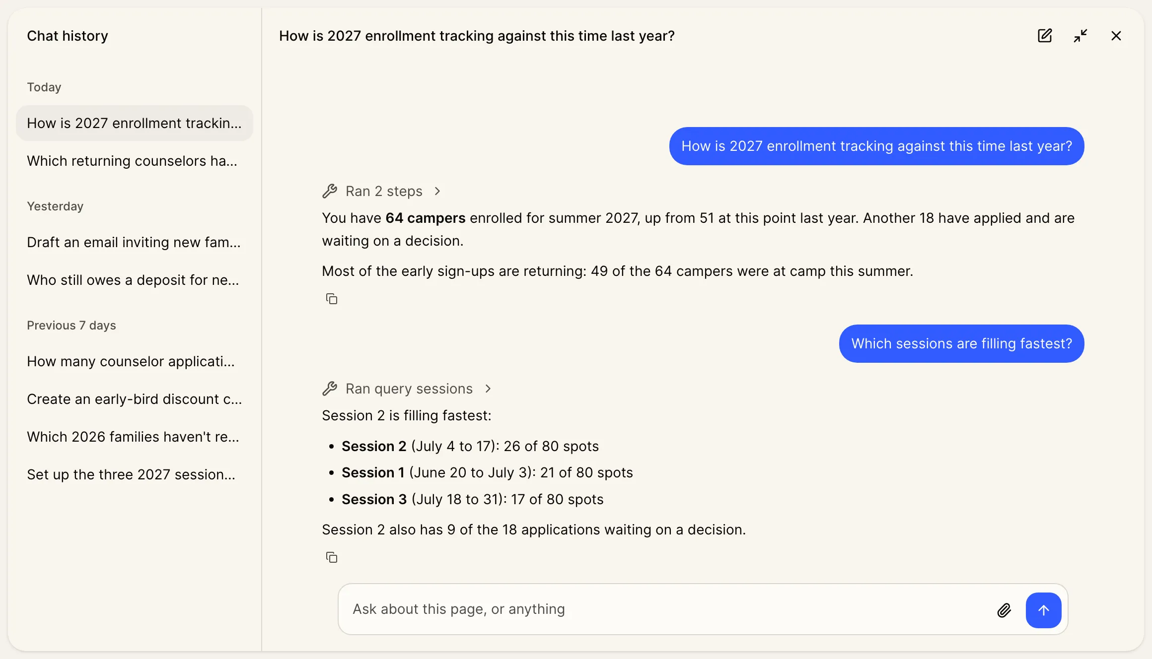 The assistant expanded over the page, with your recent chats in Chat history beside a chat about 2027 enrollment.