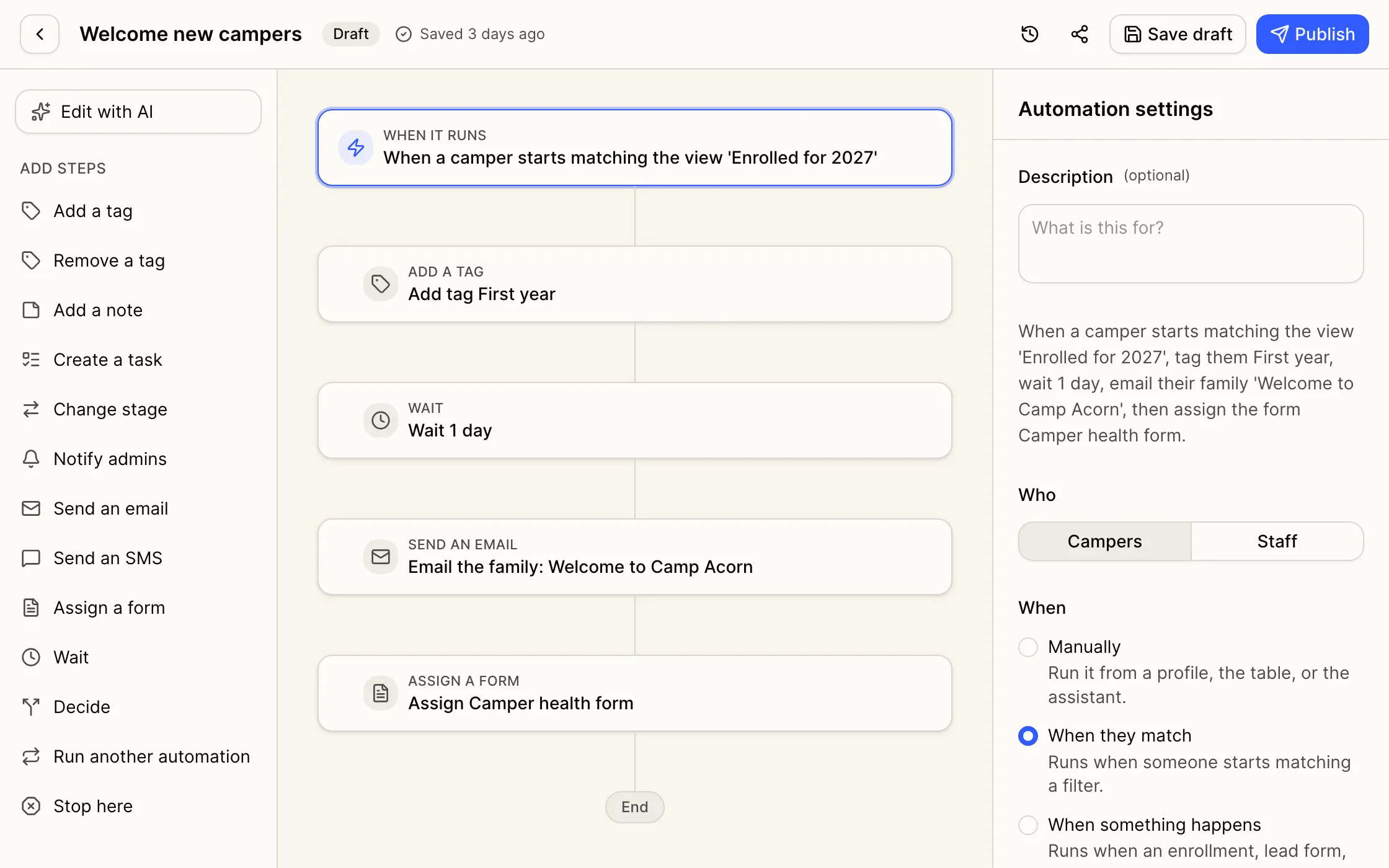 The automation builder for a Welcome new campers draft: when a camper starts matching the view Enrolled for 2027, add the tag First year, wait 1 day, email the family, then assign the Camper health form.