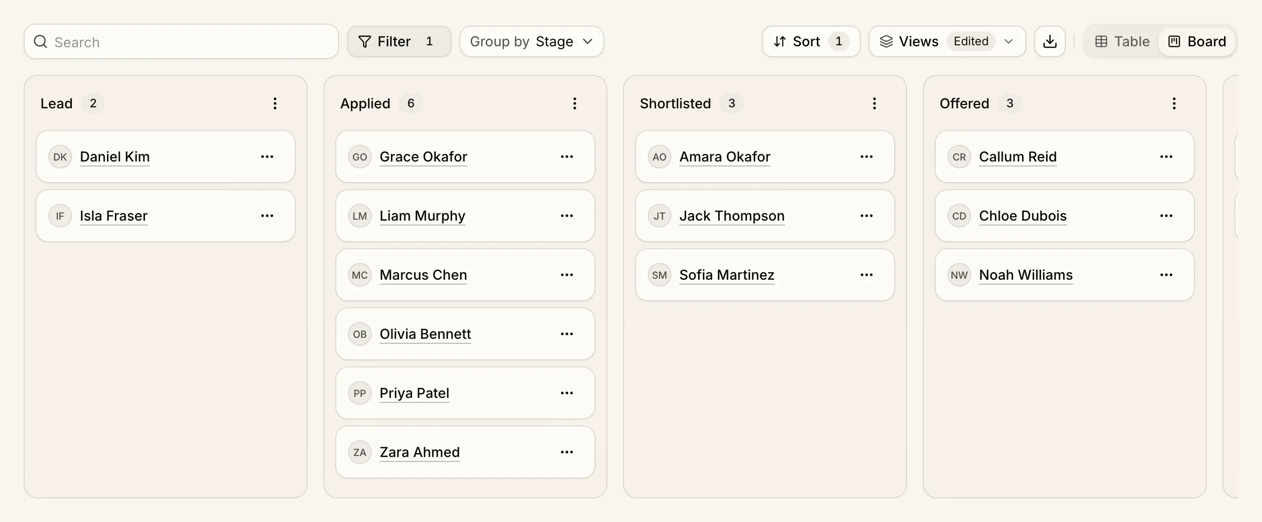 The staff board grouped by stage, filtered to international staff, with Lead, Applied, Shortlisted, and Offered columns