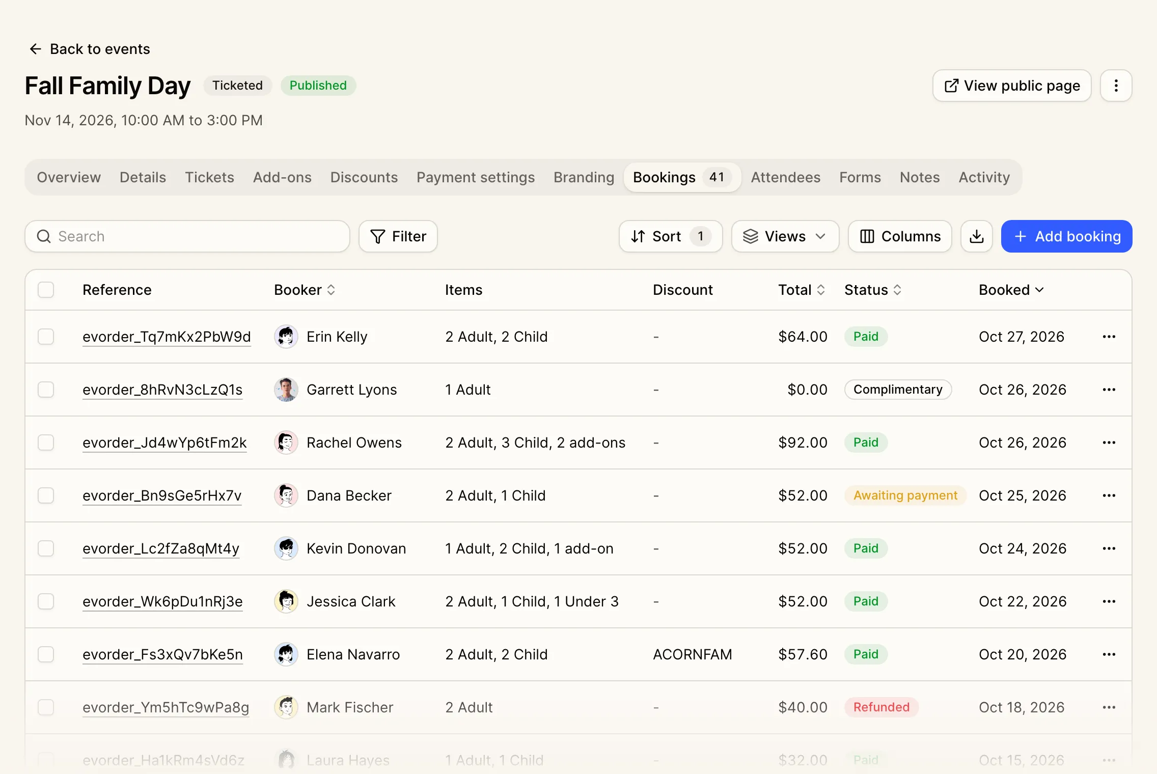 The Bookings tab of a Fall Family Day event, listing each booking with its tickets, discount, total, and payment status.