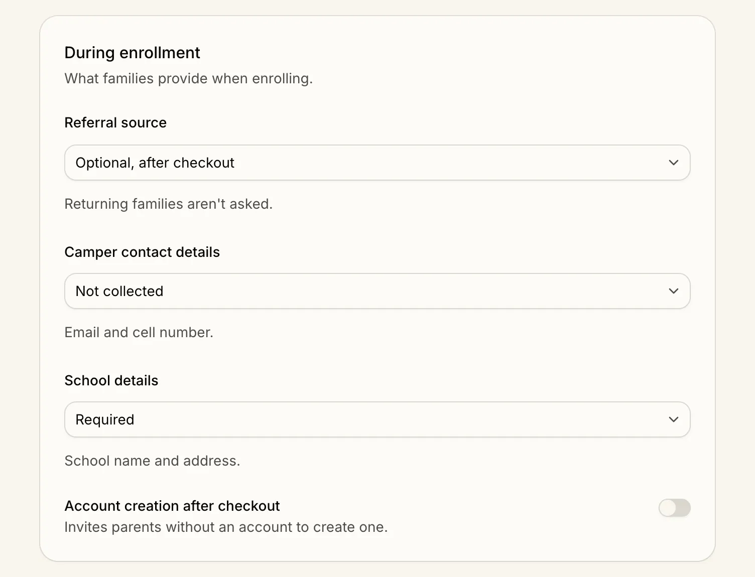 The During enrollment section of the Information page, setting referral source, camper contact details, and school details