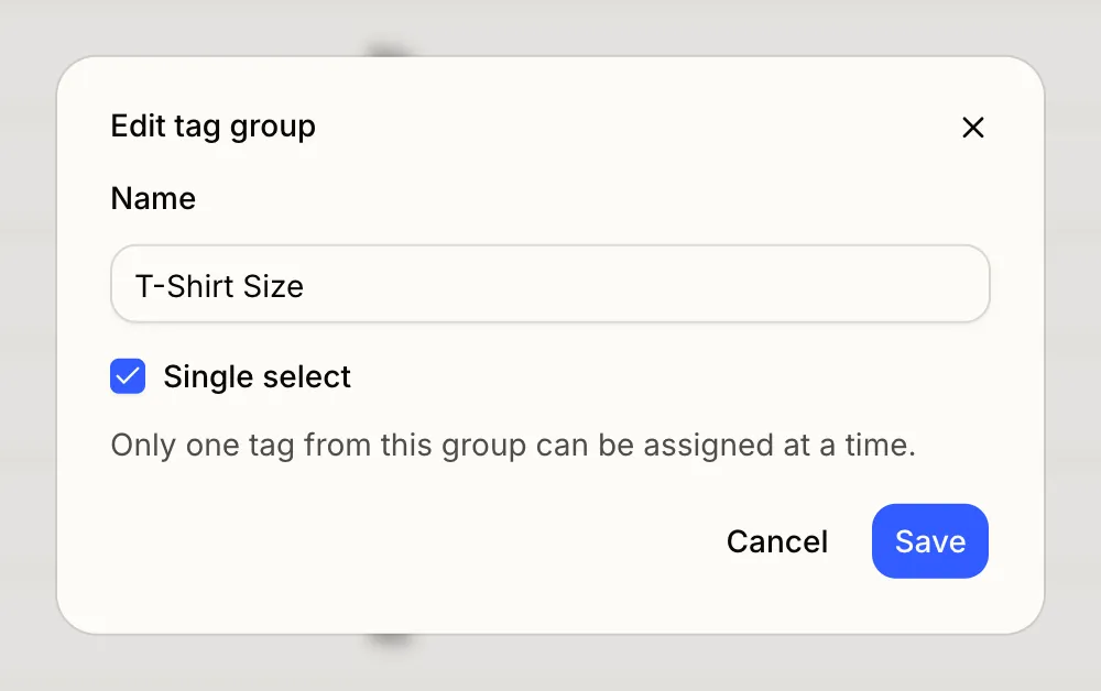 Turning on Single select for the T-shirt size tag group