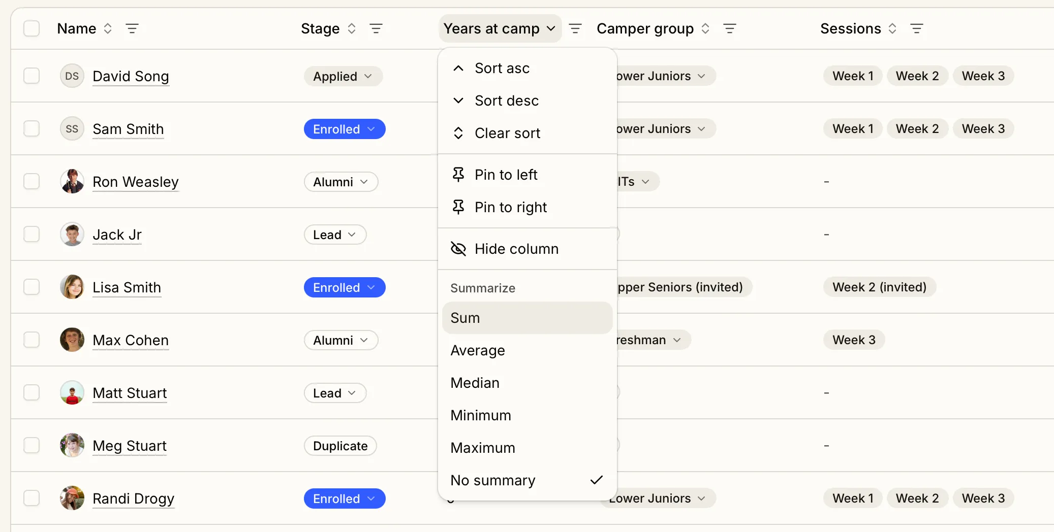The Years at camp column's header menu on the campers table, with Summarize options for sum, average, median, minimum, and maximum